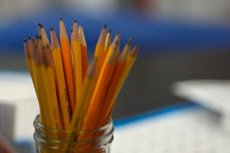 Pencils rest in a jar beside where students are working, at A.D. Henderson School in Boca Raton, Fla., Tuesday, April 16, 2024. When teachers at the K-8 public school, one of the top-performing schools in Florida, are asked how they succeed, one answer is universal: They have autonomy.