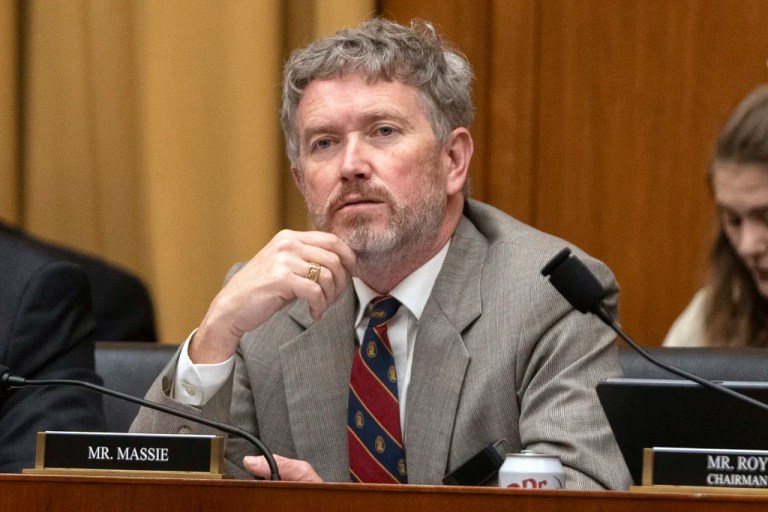 Rep. Thomas Massie, R-Ky., listens during a joint subcommittee hearing of the House Judiciary Committee, on Capitol Hill, April 1, 2025, in Washington.