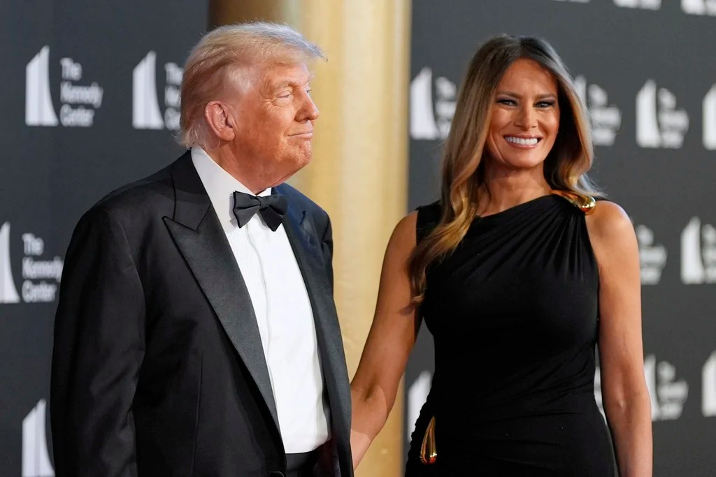 President Donald Trump and first lady Melania Trump arrive to view opening night of "Les Miserables," at the Kennedy Center, Wednesday, June 11, 2025, in Washington.