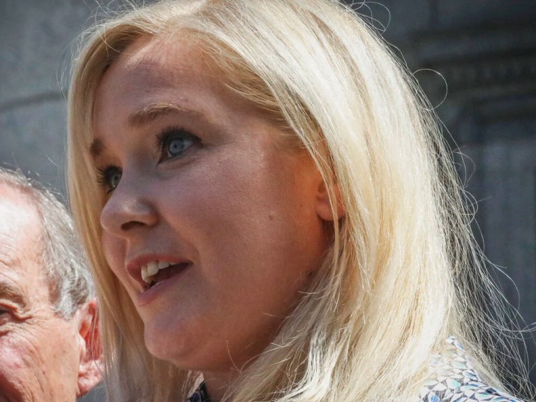 In this Tuesday, Aug. 27, 2019 file photo, Virginia Giuffre, who says she was trafficked by sex offender Jeffrey Epstein, holds a news conference outside a Manhattan court in New York. On Monday, Aug. 9, 2021, Giuffre sued Prince Andrew saying he sexually assaulted her when she was 17. Lawyers for Giuffre filed the lawsuit in Manhattan federal court.
