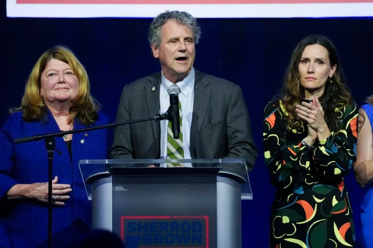 Sen. Sherrod Brown speaks during a watch party on election night.