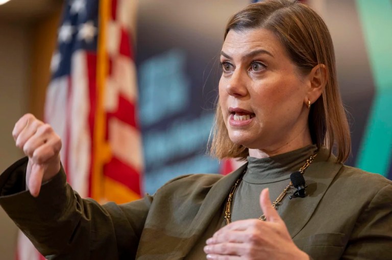 Sen. Elissa Slotkin (D-MI) gestures as she speaks.