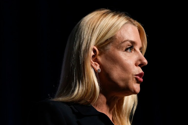 Attorney General Pam Bondi speaks at a news conference at the Drug Enforcement Administration, Tuesday, July 15, 2025, in Arlington, Virginia.