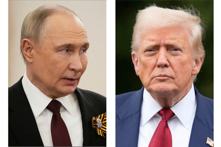 This combination of photos shows Russian President Vladimir Putin, left, in Moscow on May 9, 2025, and President Donald Trump in Washington on Aug. 1.