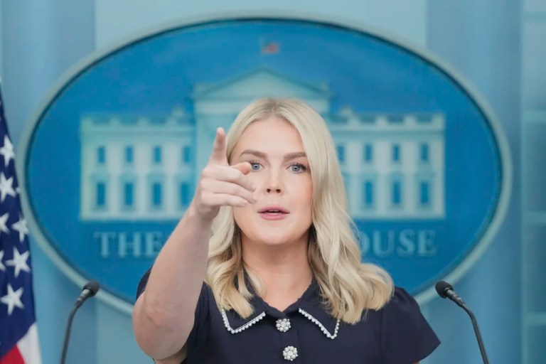 White House press secretary Karoline Leavitt speaks with reporters in the James Brady Press Briefing Room at the White House.