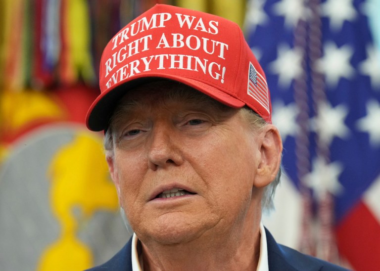President Donald Trump speaks in the Oval Office of the White House.