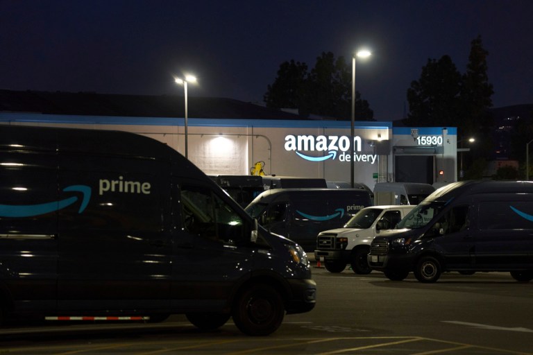 An Amazon delivery facility is seen in the early morning hours in the City of Industry, California, Friday, April 11, 2025.
