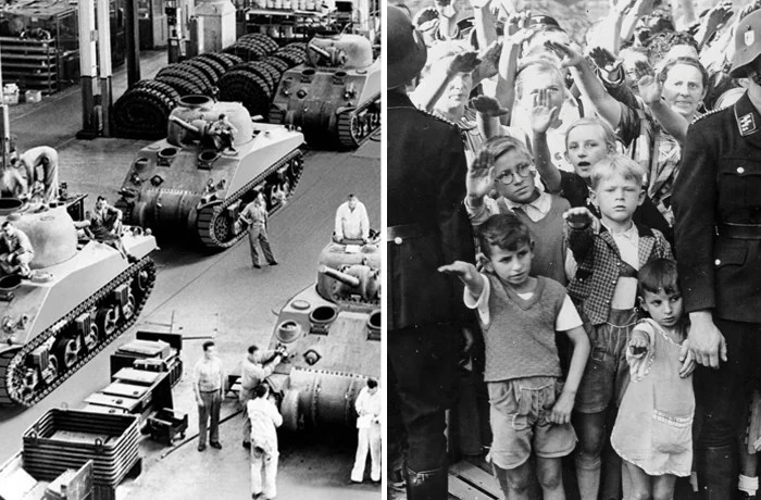 Left, Sherman tanks in production at a Chrysler Corp. plant. Right, Crowds line the streets of Nuremberg to cheer for Adolf Hitler as he arrives for a rally, September 1937. (H. Armstrong Roberts/ClassicStock/Getty; Ullstein Bild/Getty)