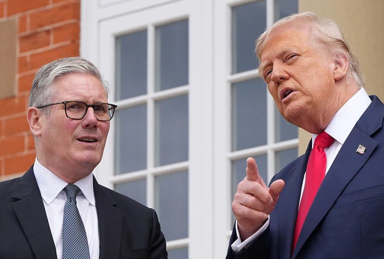 President Donald Trump meets with British Prime Minister Keir Starmer (L) at Trump Turnberry golf club on July 28, 2025 in Turnberry, Scotland. U.S. President Donald Trump is visiting his Trump Turnberry golf course, as well as Trump International Golf Links in Aberdeenshire, during a brief visit to Scotland from July 25 to 29. (Photo by Christopher Furlong/Getty Images)