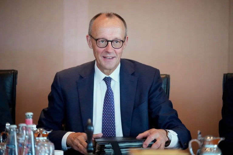 German Chancellor Friedrich Merz attends a cabinet meeting at the chancellery in Berlin, Germany, Wednesday, Aug. 6, 2025, (AP Photo/Ebrahim Noroozi)