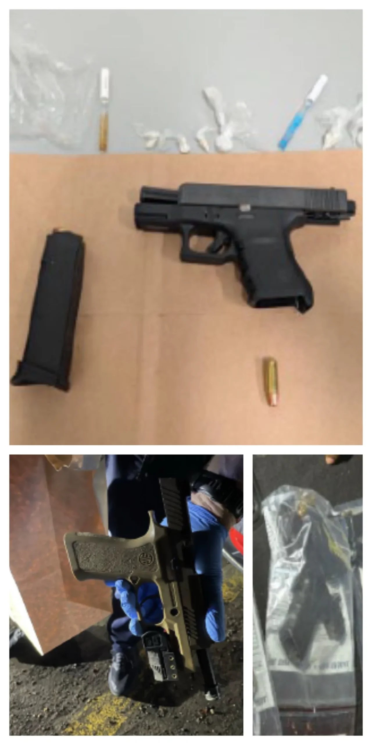 several photos of illegal firearms seized during recent arrests