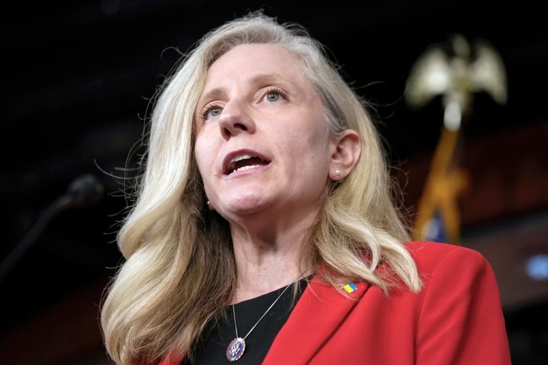 Rep. Abigail Spanberger, D-Va., speaks during a news conference on national security legislation on Capitol Hill Tuesday, Feb. 13, 2024, in Washington.