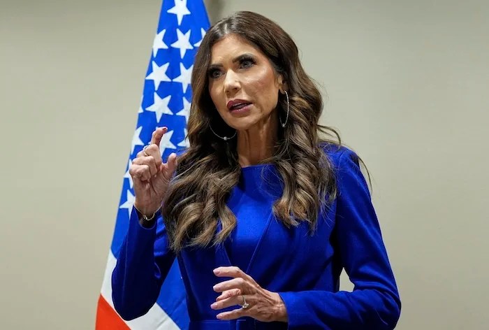 U.S. Homeland Security Secretary Kristi Noem speaks about tsunami warnings following Russia's earthquake, in Santiago, Chile, Wednesday, July 30, 2025.