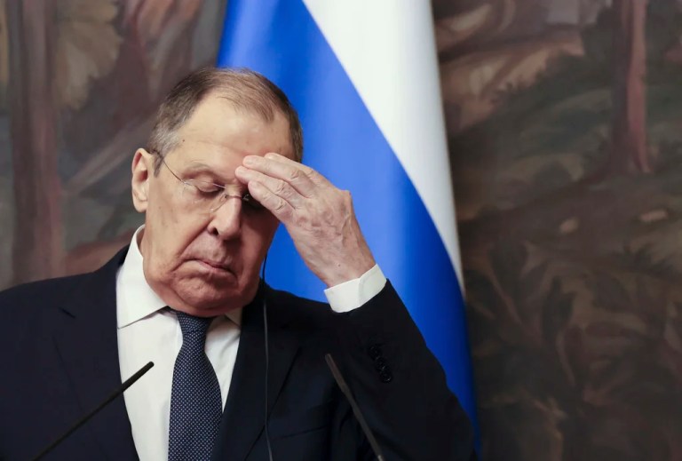 Russian Foreign Minister Sergey Lavrov attends a joint news conference with Syrian Foreign Minister Asaad Hassan al Shibani following their meeting in Moscow, Russia, Thursday, July 31, 2025.