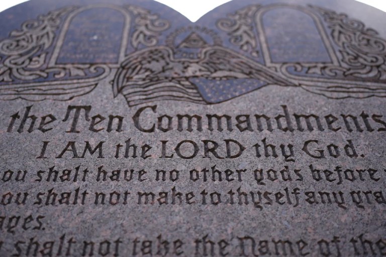 A granite Ten Commandments monument stands on the ground of the Texas Capitol, Thursday, May 29, 2025, in Austin, Texas. (AP Photo/Eric Gay)