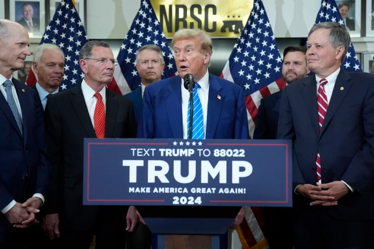 Then-Republican presidential candidate Donald Trump speaks with reporters at the National Republican Senatorial Committee, Thursday, June 13, 2024, in Washington