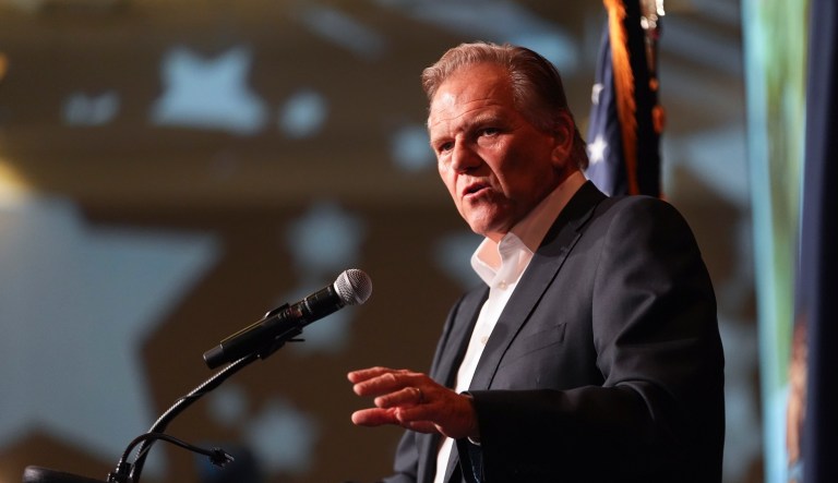 Republican Michigan Senate candidate Mike Rogers speaks during an election night watch party, Tuesday, Nov. 5, 2024, at Suburban Showplace Collection in Novi, Mich.