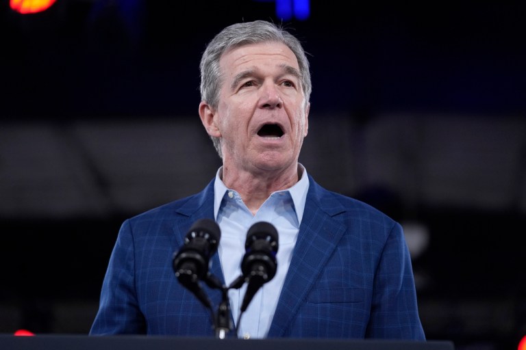 North Carolina Gov. Roy Cooper (D) speaks.