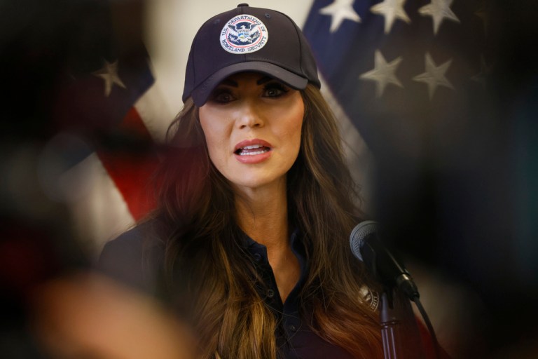 Kristi Noem speaks at a news conference in Los Angeles.