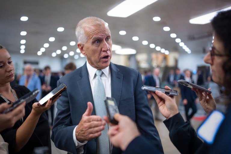 Sen. Thom Tillis (R-NC) speaks with reporters.
