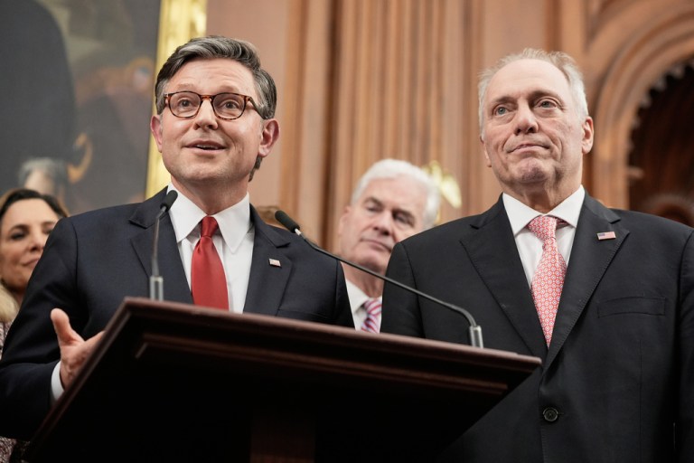 Speaker of the House Mike Johnson, R-La., speaks as House Majority Leader Rep. Steve Scalise, R-La.,, right, and fellow Republicans listen after Johnson signed President Donald Trump's signature bill of tax breaks and spending cuts, Thursday, July 3, 2025, at the Capitol in Washington. (AP Photo/Mariam Zuhaib)