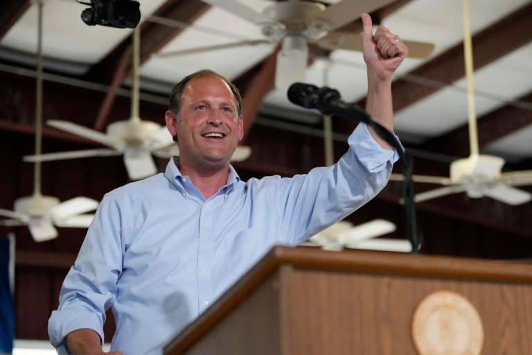 Rep. Andy Barr (R-KY) speaks at the annual Fancy Farm picnic Saturday, Aug. 2, 2025, in Fancy Farm, Kentucky.