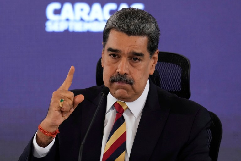 Venezuela President Nicolas Maduro speaks during a press conference in Caracas, Venezuela, Monday, Sept. 1, 2025. (AP Photo/Ariana Cubillos)