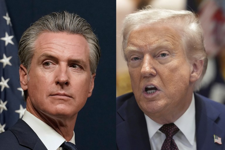 Gov. Gavin Newsom (D-CA) at a press conference and President Donald Trump speaking during a Cabinet meeting.