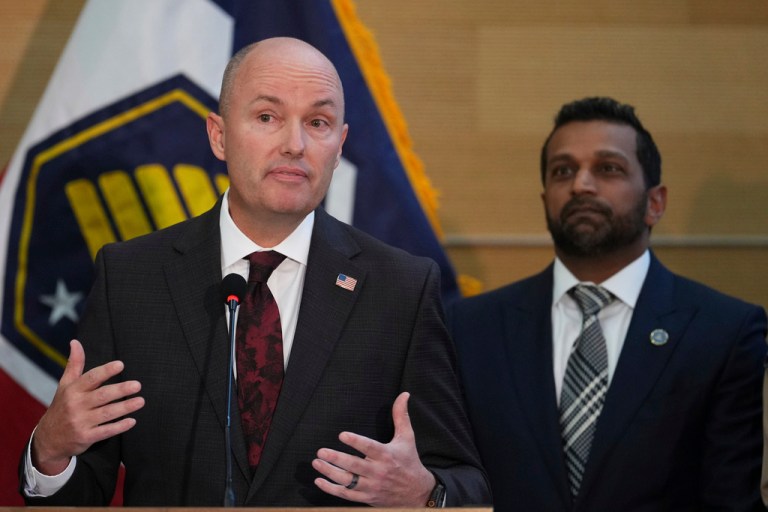 Utah Gov. Spencer Cox speaks at a news conference, as FBI Director Kash Patel looks on, Friday, Sept. 12, 2025, in Orem, Utah