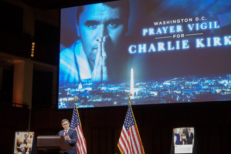 Speaker of the House Mike Johnson (R-LA) speaks during a Charlie Kirk vigil in D.C.