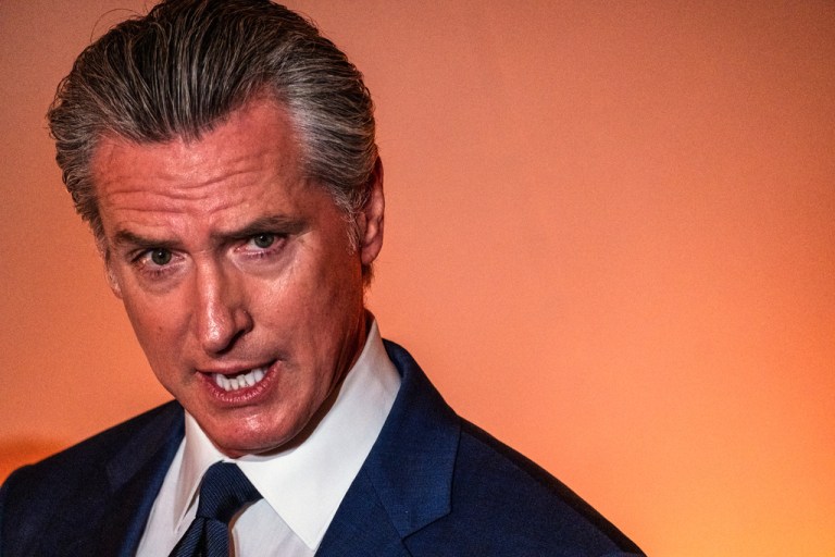 California Gov. Gavin Newsom hosts a press conference.
