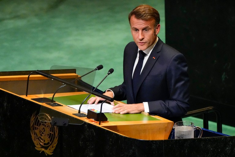 French President Emmanuel Macron speaks during a high-profile meeting at the United Nations aimed at galvanizing support for a two-state solution to the Israeli-Palestinian conflict Monday, Sept. 22, 2025, at UN headquarters.