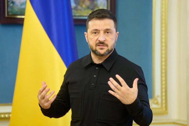 Ukrainian President Volodymyr Zelensky speaks at a press conference in Kyiv.