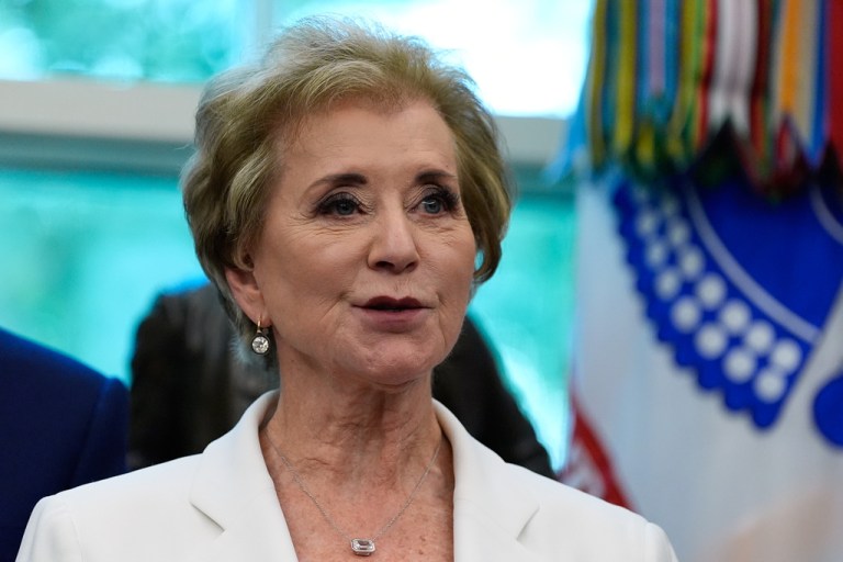 Education Secretary Linda McMahon speaks in the Oval Office.