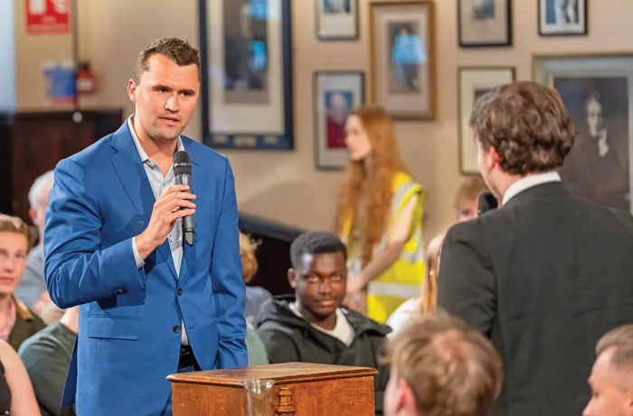 Kirk debates at Cambridge University in Cambridge, England, May 19, 2025. (Nordin Catic/The Cambridge Union/Getty)