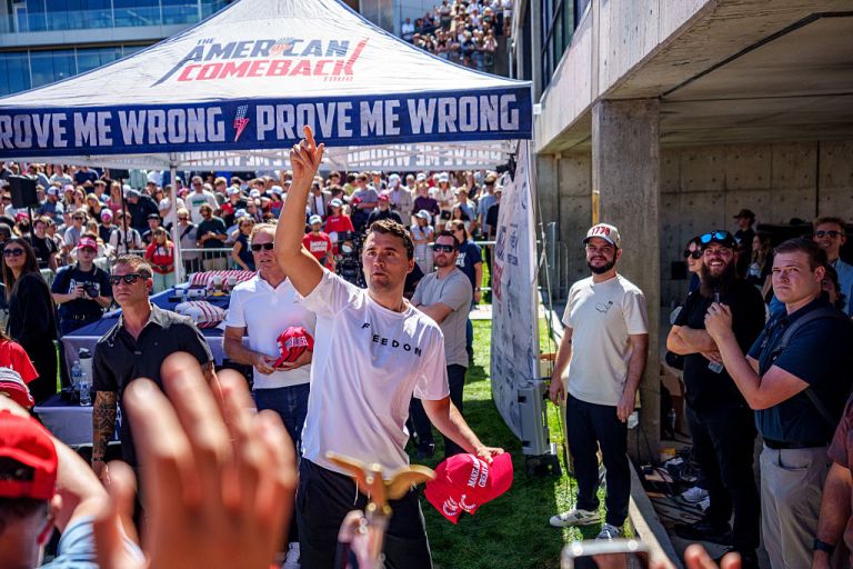 Charlie Kirk throws hats to the crowd after arriving at Utah Valley University on September 10, 2025 in Orem, Utah. Kirk, founder of Turning Point USA, was speaking at his 