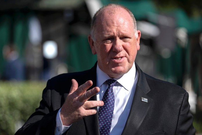 White House border czar Tom Homan speaks with reporters at the White House, Tuesday, Sept. 9, 2025, in Washington. (AP Photo/Mark Schiefelbein)