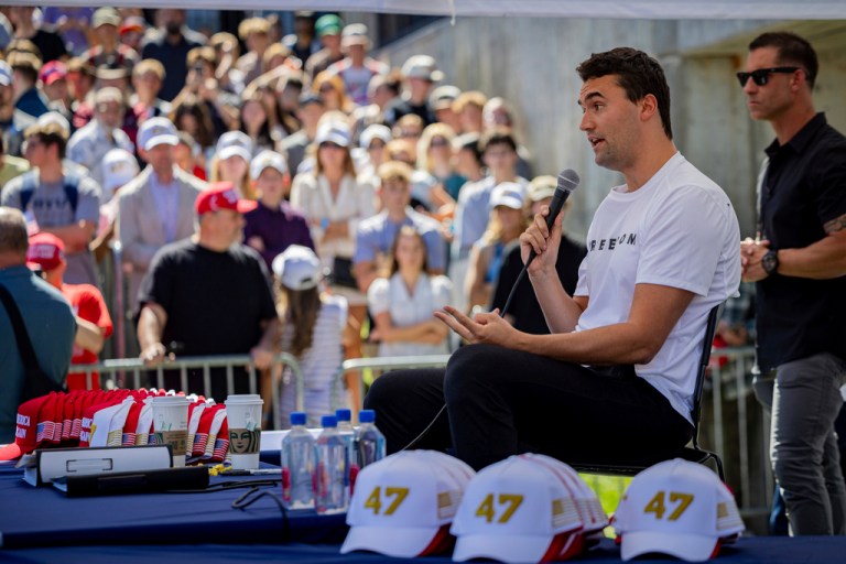 Charlie Kirk speaks at Utah Valley University before he is shot, Sept. 10, 2025.