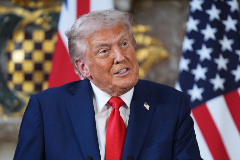 President Donald Trump speaks during a joint press conference with Britain's Prime Minister Keir Starmer at Chequers, near Aylesbury, England, Thursday, Sept. 18, 2025.