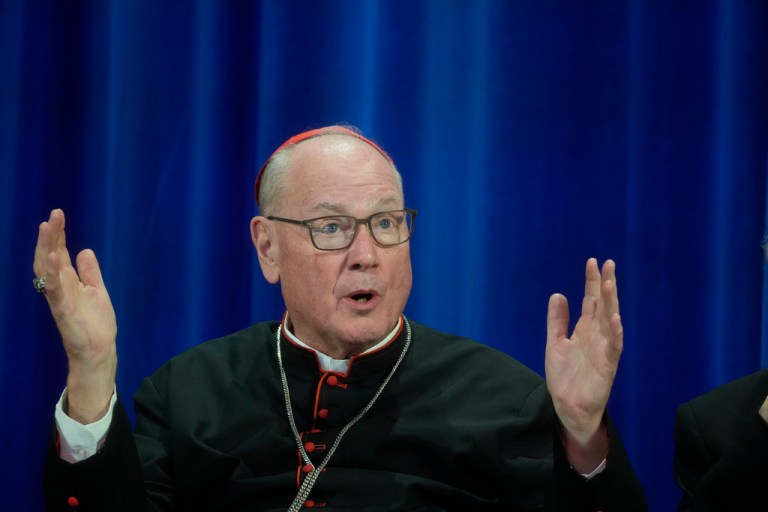 Cardinal Timothy Dolan of NY attends a press conference.