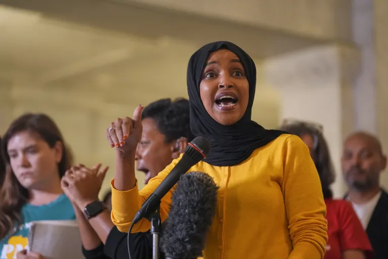 Rep. Ilhan Omar, D-Minn., speaks during a news conference in Minneapolis City Hall, Thursday, Aug. 28, 2025, in Minneapolis. (AP Photo/Abbie Parr)