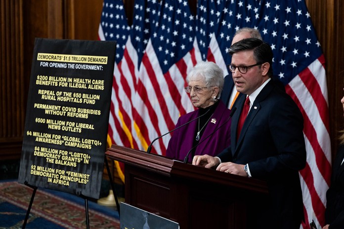 Speaker of the House Mike Johnson, R-La., holds a news conference on the 6th day of the government shutdown, at the Capitol in Washington, Monday, Oct. 6, 2025. Johnson is keeping the House out of session for the second week in a row during the shutdown. (Graeme Jennings / Washington Examiner) 