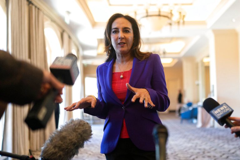 Harmeet Dhillon talks to reporters.