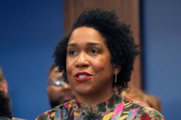 Illinois Lt. Gov. Juliana Stratton speaks during the Illinois Paid Leave bill signing ceremony Monday, March 13, 2023, in Chicago. (AP Photo/Charles Rex Arbogast)