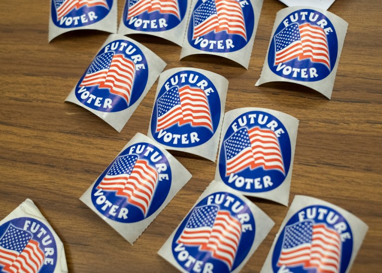 Future Voter stickers are seen in a Vote Center on Election Day, November 5, 2024, in Fairfax County, Virginia.