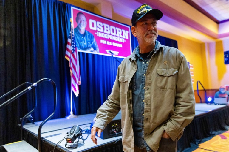 Independent Nebraska Senate candidate Dan Osborn departs an election night watch party at the Embassy Suites by Hilton Omaha La Vista Hotel.