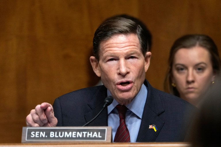 Sen. Richard Blumenthal, D-Conn., speaks at the Senate Homeland Security and Governmental Affairs Committee confirmation hearing for South Dakota Gov. Kristi Noem, President-elect Donald Trump's nominee to be Secretary of Homeland Security, at the Capitol in Washington, Friday, Jan. 17, 2025. (AP Photo/Susan Walsh)