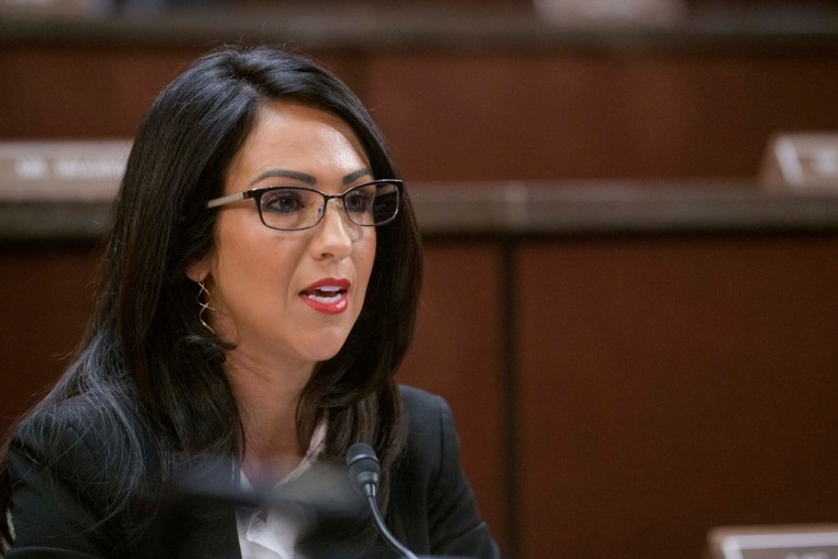 Rep. Lauren Boebert (R-CO), questions Denver Mayor Mike Johnston during a House Committee on Oversight and Government Reform hearing with Sanctuary City Mayors on Capitol Hill, Wednesday, March 5, 2025, in Washington.