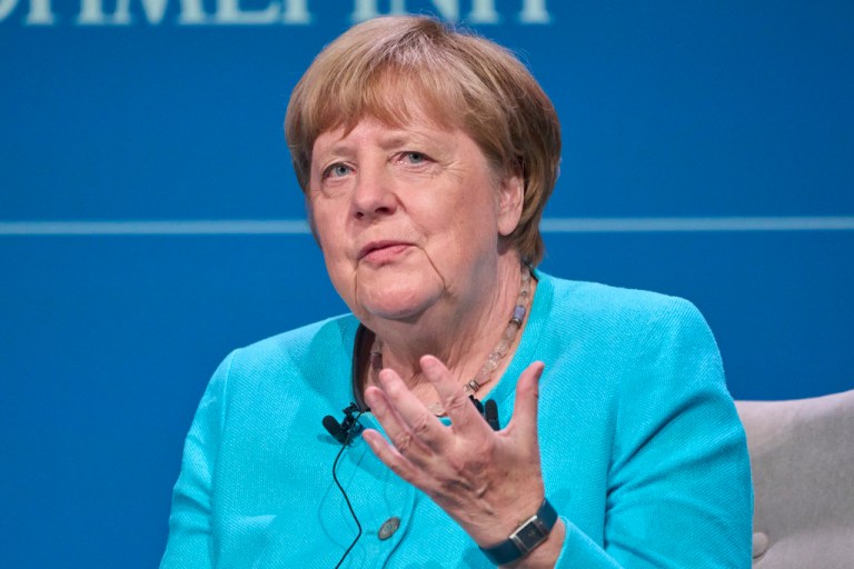 Former German Chancellor Angela Merkel speaks in Athens, Greece, on July 2, 2005.