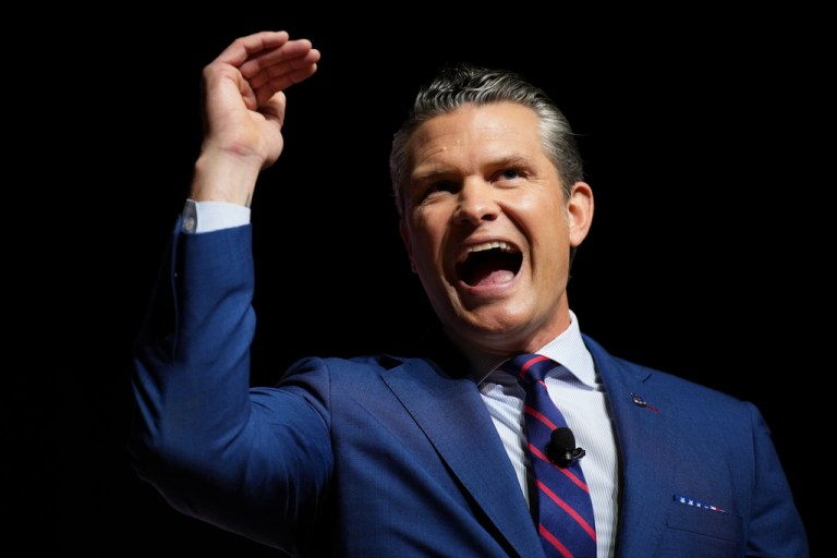 Secretary of War Pete Hegseth speaks to senior military leaders at Marine Corps Base Quantico, Tuesday, Sept. 30, 2025 in Quantico, Virginia.